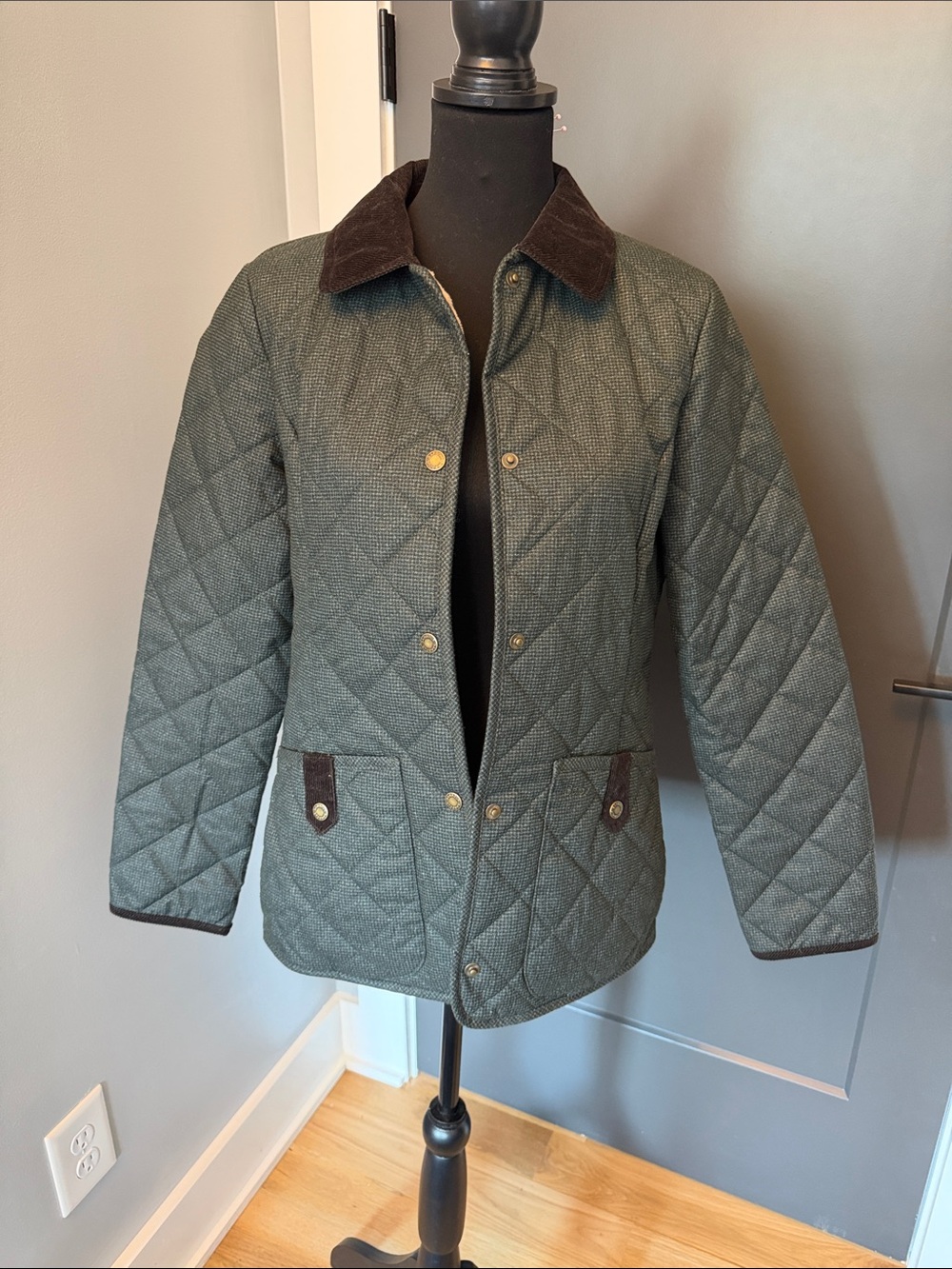 Barbour Olive Quilted Utility Jacket with Brown Corduroy Trim